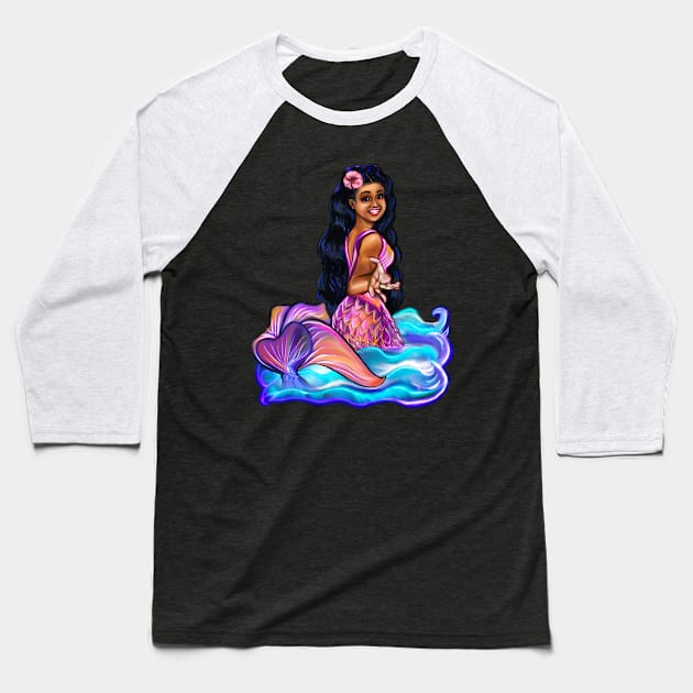 Mermaid Pacific princess  with rainbow coloured colored fins, hibiscus, outstretched  arm, brown eyes, Curly hair  and caramel brown skin - light background Baseball T-Shirt by Artonmytee